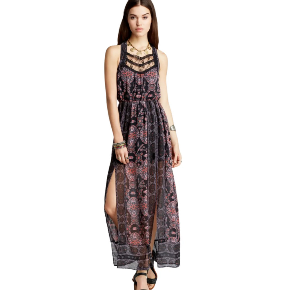 Free People Moroccan Black Printed Lace Maxi Dress 8 Medium